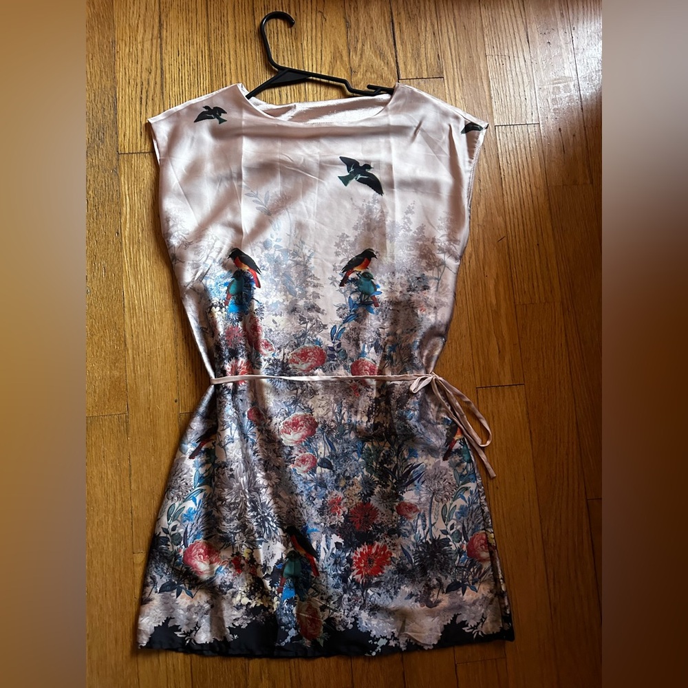 Floral and Bird Print Satin Dress
